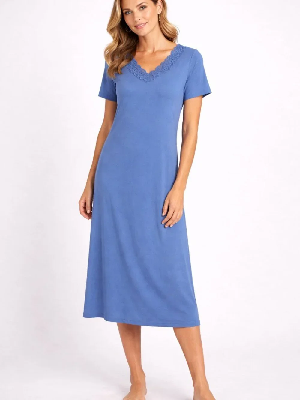 Hanro Moments Blue Mercerized Cotton Lace V-Neck Nightgown Sleep Dress Small